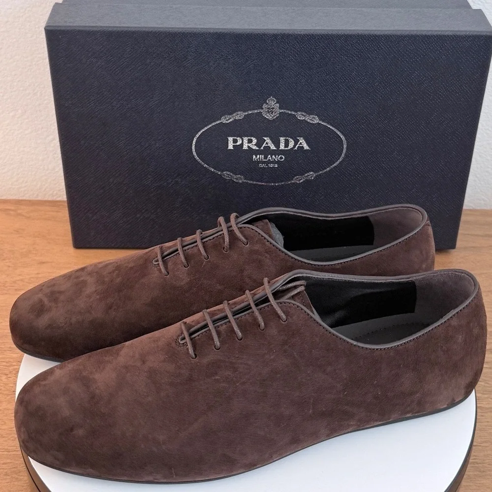 Prada Mens Vit.Scamosciato Suede Oxford Shoes Moro Brown 2EG448 Size 10.5